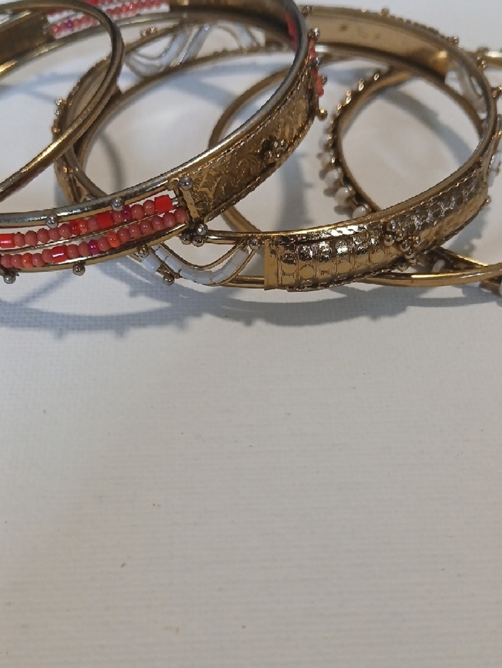 Boho Festival Gold-Tone Women's Bangle Bracelet Set with Coral & White Accents - Picture 2 of 16